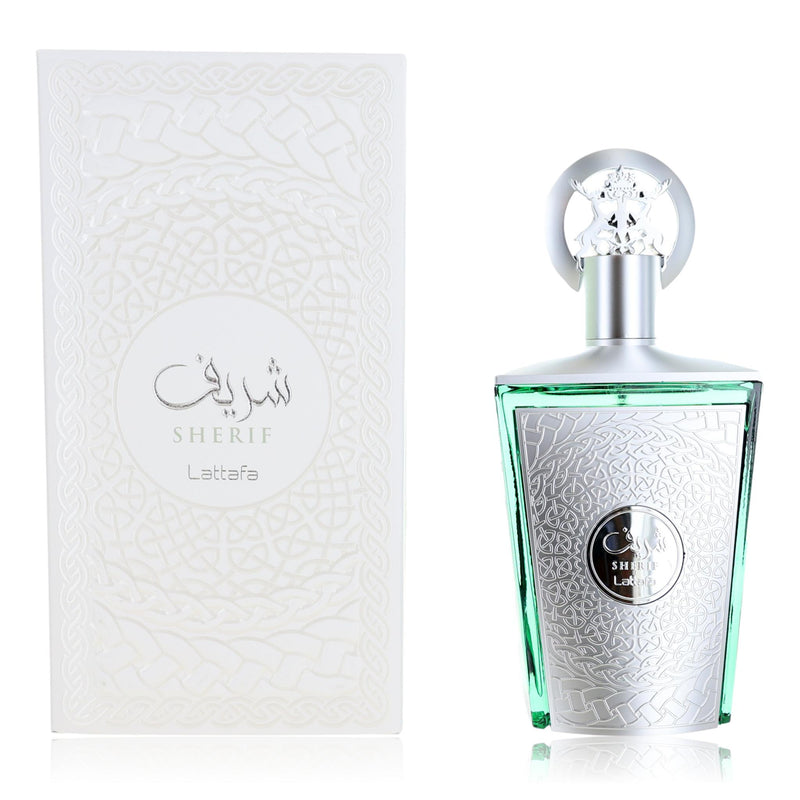 Lattafa Sherif 3.4 oz men's EDP spray bottle, stylish packaging with a sleek design and a silver cap.