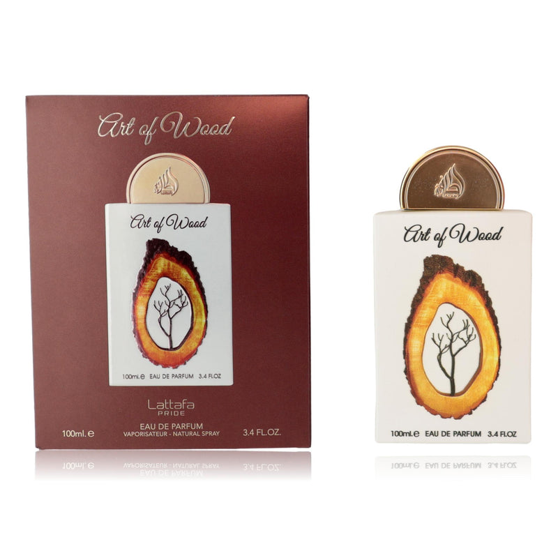 Lattafa Art of Wood unisex 3.4 oz EDP spray bottle with elegant packaging and wood-inspired design.