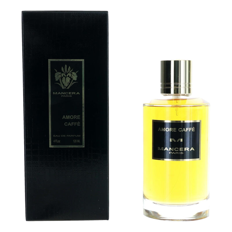 Bottle of Mancera Amore Caffe unisex 4 oz EDP spray with elegant packaging and gold accents.