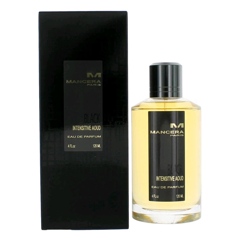Mancera Black Intensitive Aoud 4 oz unisex EDP spray bottle with sleek black packaging and silver cap.
