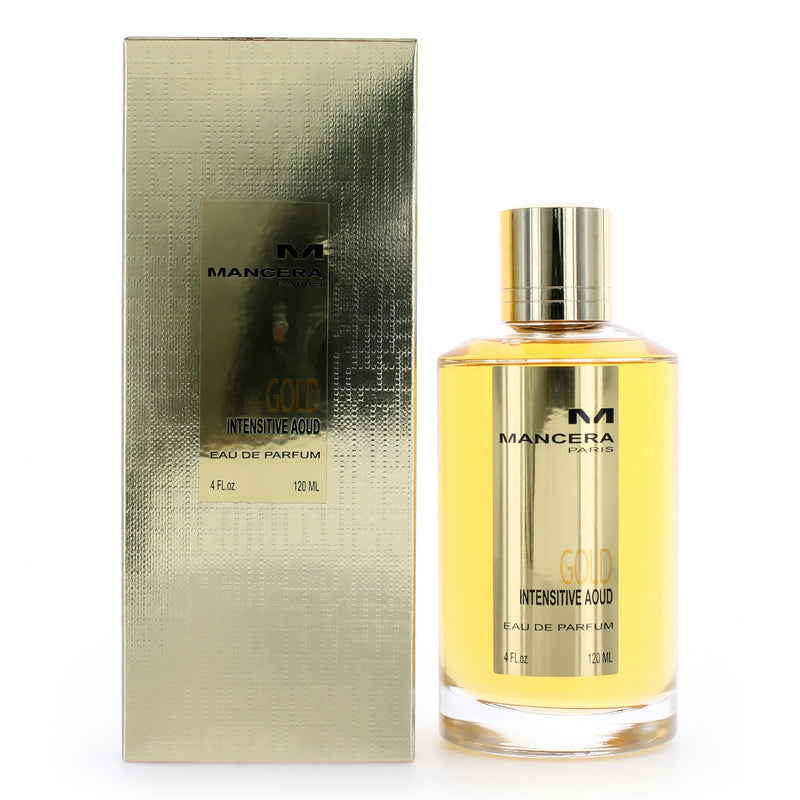 Mancera Gold Intensitive Aoud unisex 4 oz EDP spray bottle, elegant packaging, showcasing the luxury fragrance and brand logo.