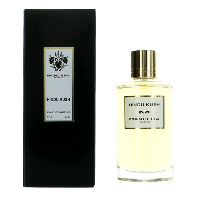 Mancera Hindu Kush 4 oz unisex EDP spray bottle with sleek black and gold design, displayed on a neutral background.