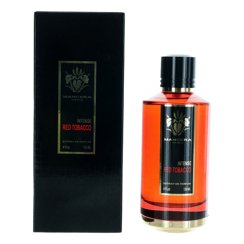 Mancera Intense Red Tobacco unisex parfum spray bottle, 4oz, featuring elegant packaging and red tobacco scent details.