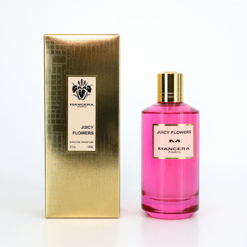 Mancera Juicy Flowers unisex 4 oz EDP spray bottle with floral design, showcasing the elegant perfume packaging.