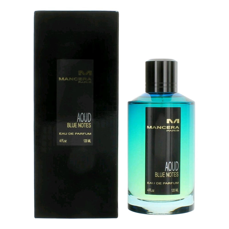 Mancera Aoud Blue Notes unisex 4 oz EDP spray bottle with blue accents and elegant packaging, showcasing the fragrance.