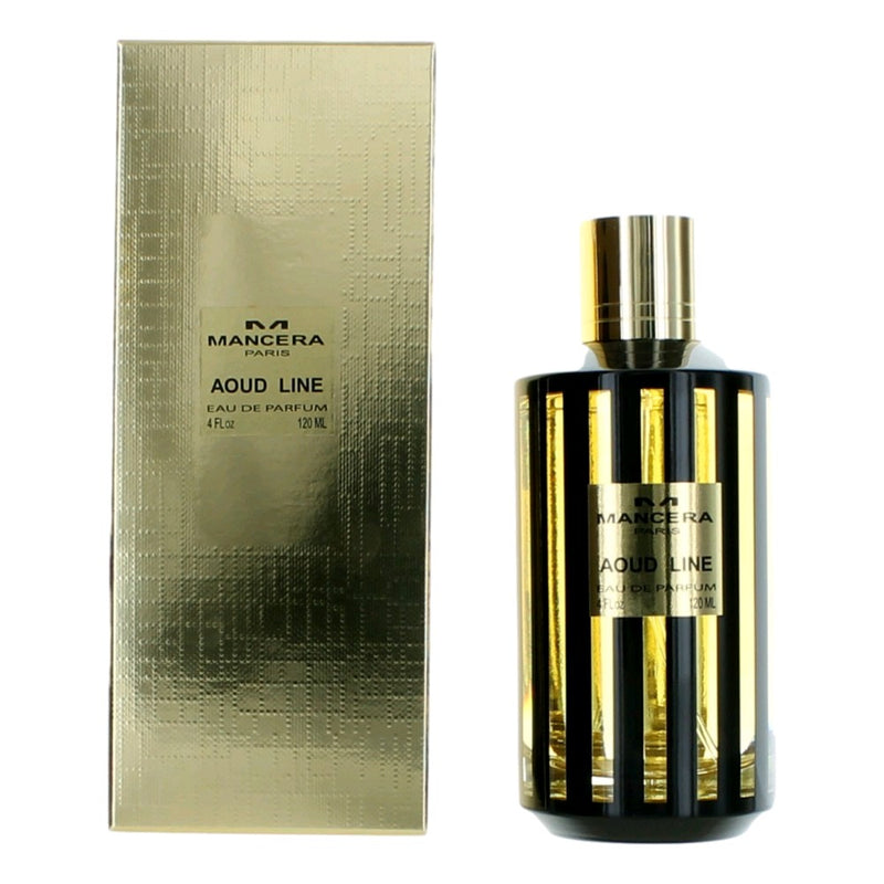 Mancera Aoud Line unisex 4 oz EDP spray bottle, sleek design, with the fragrance label visible.