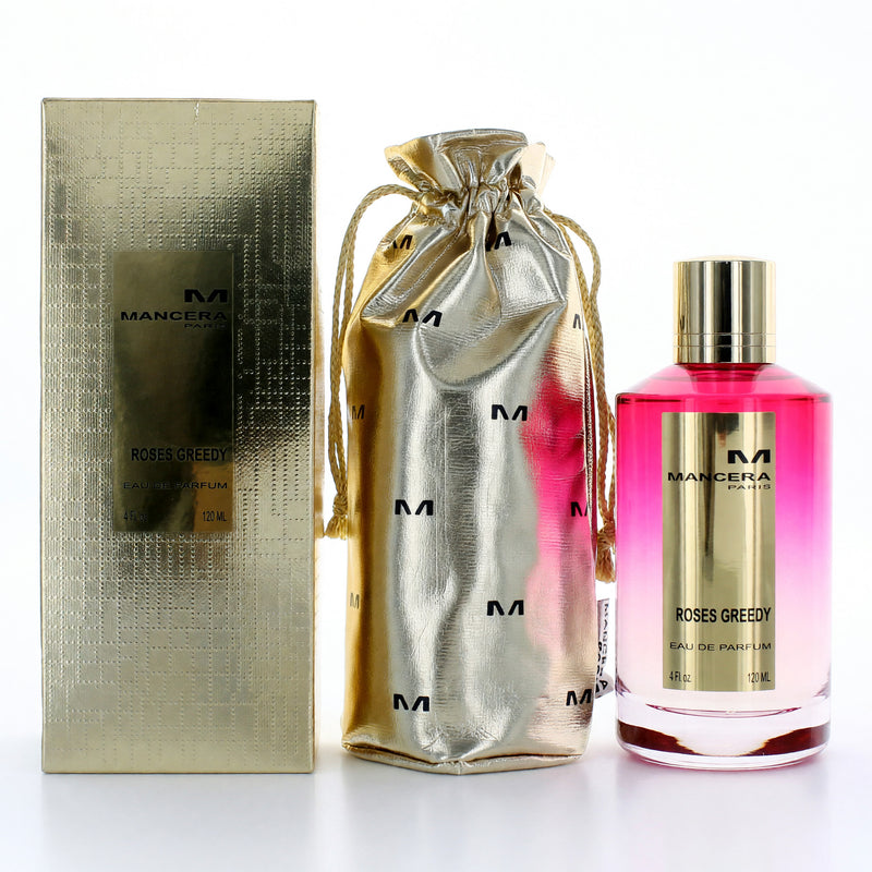 Mancera Roses Greedy 4 oz women’s EDP spray bottle with floral design, elegant packaging showcasing the luxury fragrance.