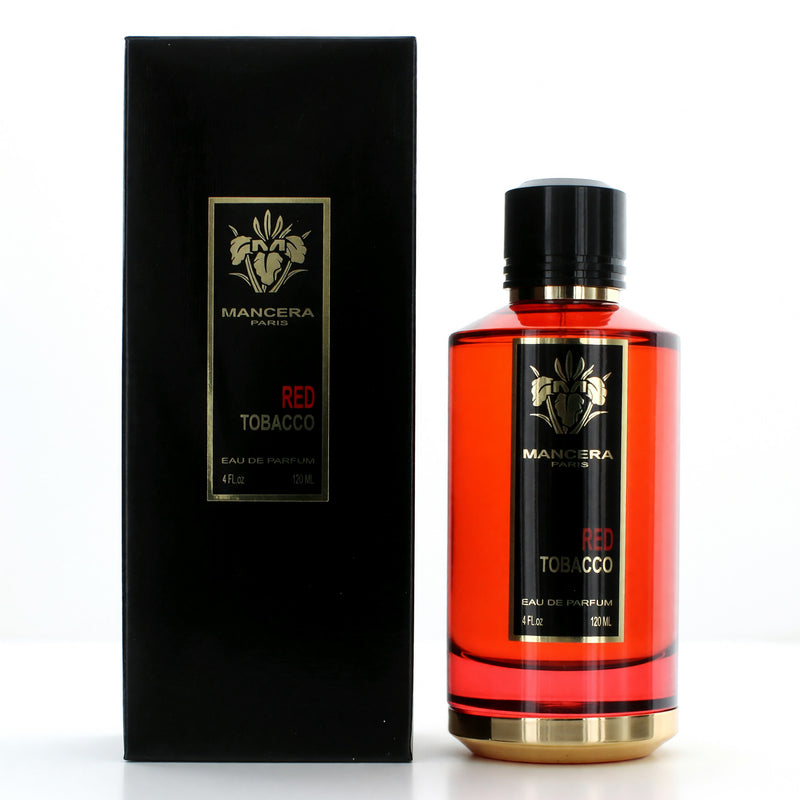 Mancera Red Tobacco 4 oz unisex Eau de Parfum spray bottle, elegant packaging with a dark red and black design.
