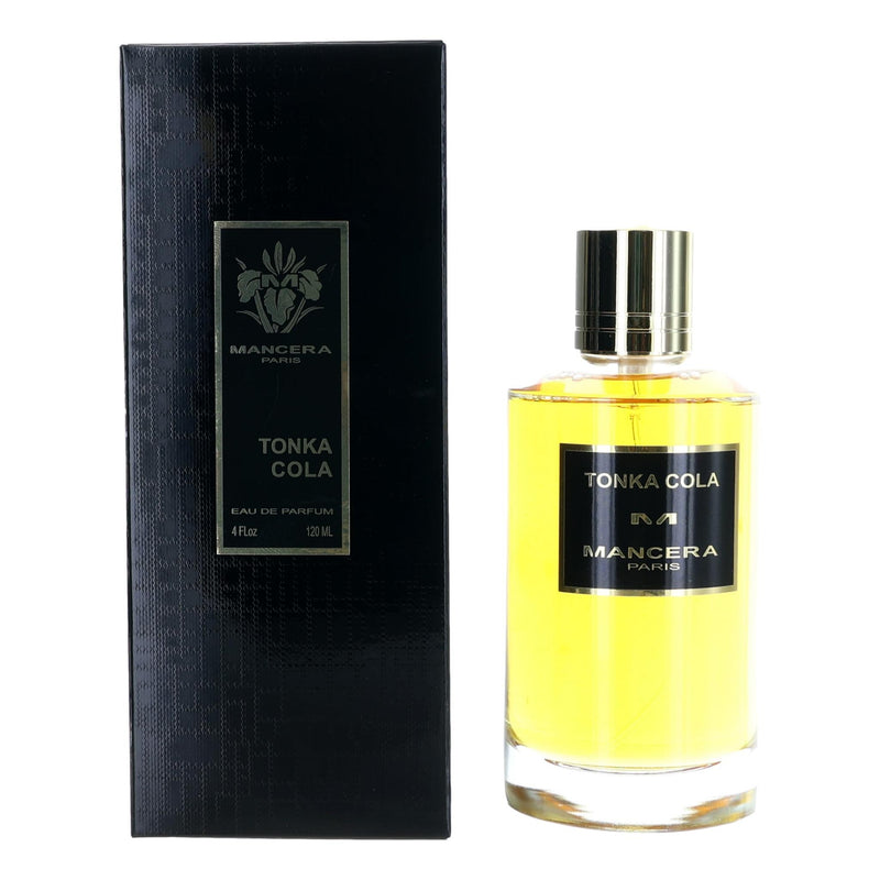 Mancera Tonka Cola unisex 4 oz EDP spray bottle, featuring a sleek design and elegant packaging for luxurious fragrance.