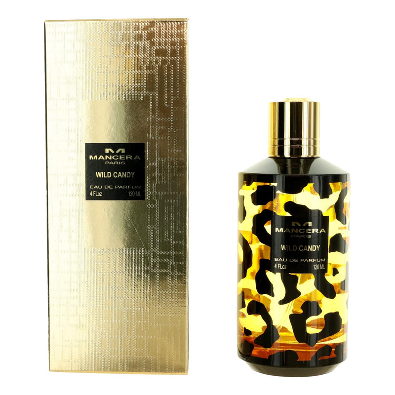 Mancera Wild Candy unisex 4 oz EDP spray bottle, sleek design, with a clear glass container and black cap, on a white background.
