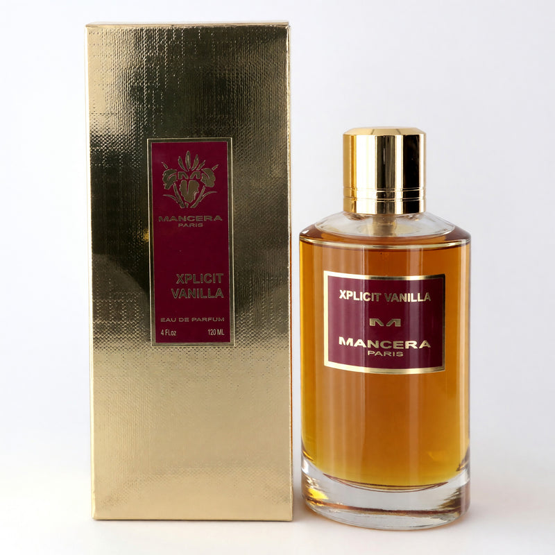 Mancera Xplicit Vanilla 4 oz unisex Eau de Parfum bottle with minimalist design and vanilla scent branding.