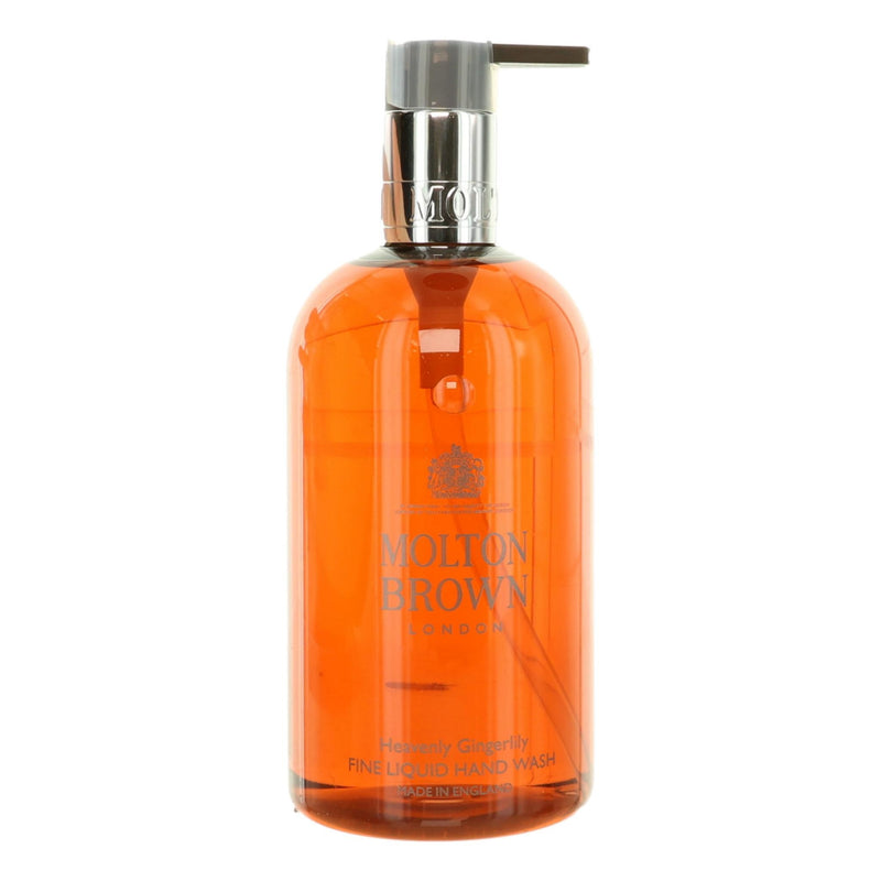 Molton Brown Heavenly Gingerlily 10 oz liquid hand wash bottle with sleek packaging and a white pump dispenser.