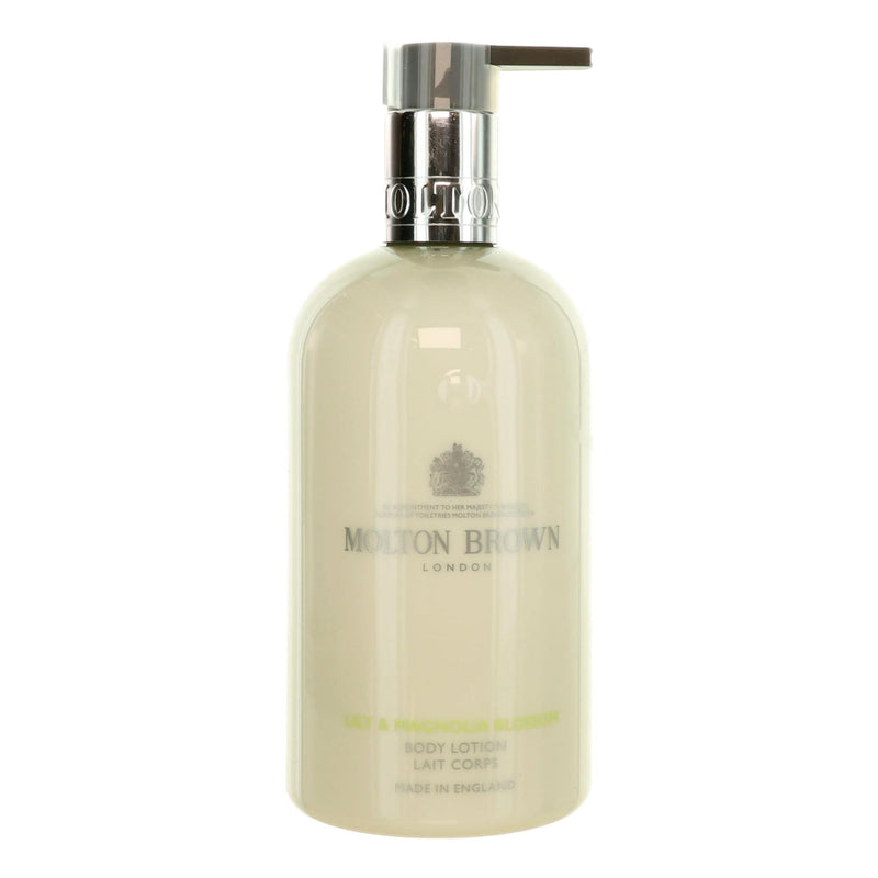 Molton Brown Lily & Magnolia Blossom 10 oz unisex body lotion bottle with elegant floral design and pump dispenser.