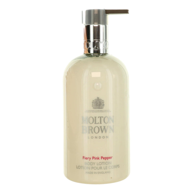 Molton Brown Fiery Pink Pepper 10 oz unisex body lotion, smooth white bottle with pink and black label, top view showing packaging.