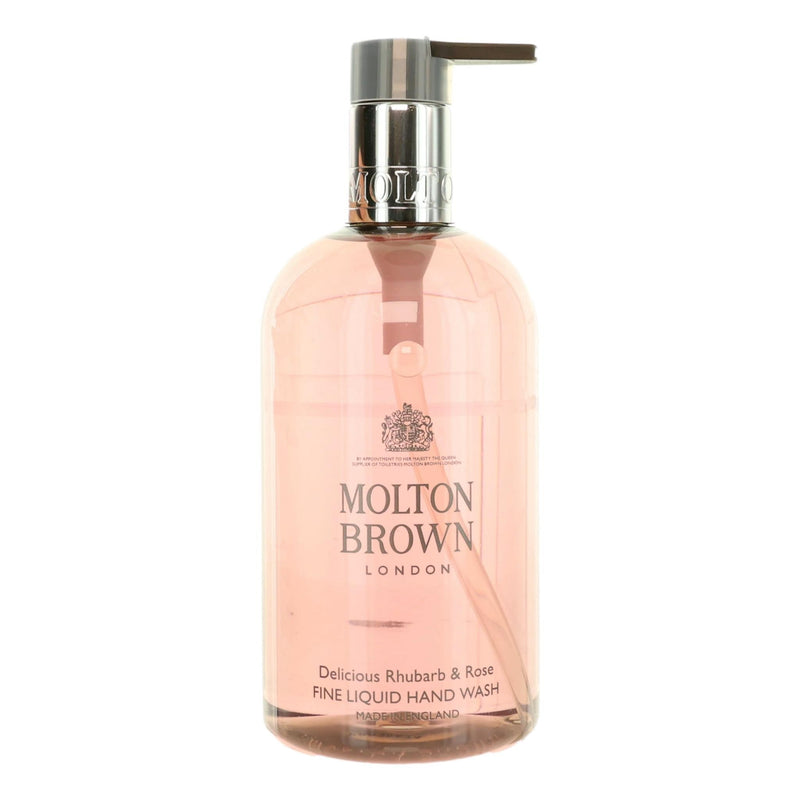 Molton Brown Rhubarb & Rose liquid hand wash bottle with elegant packaging, 10 oz size, showcasing floral and fruity design.