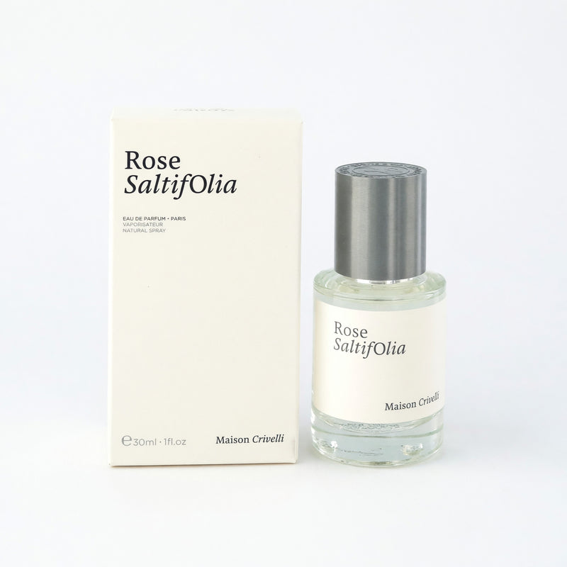Maison Crivelli Rose Saltifolia 1 oz unisex EDP spray bottle with elegant packaging and floral design.