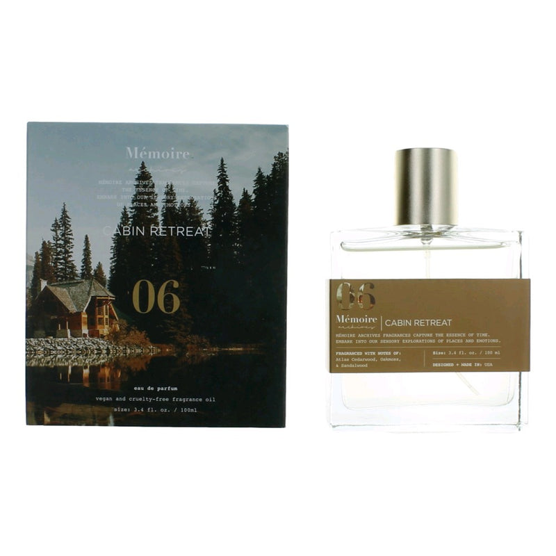 Memoire Archives Cabin Retreat 3.4 oz unisex EDP spray bottle with elegant packaging and minimalist design.