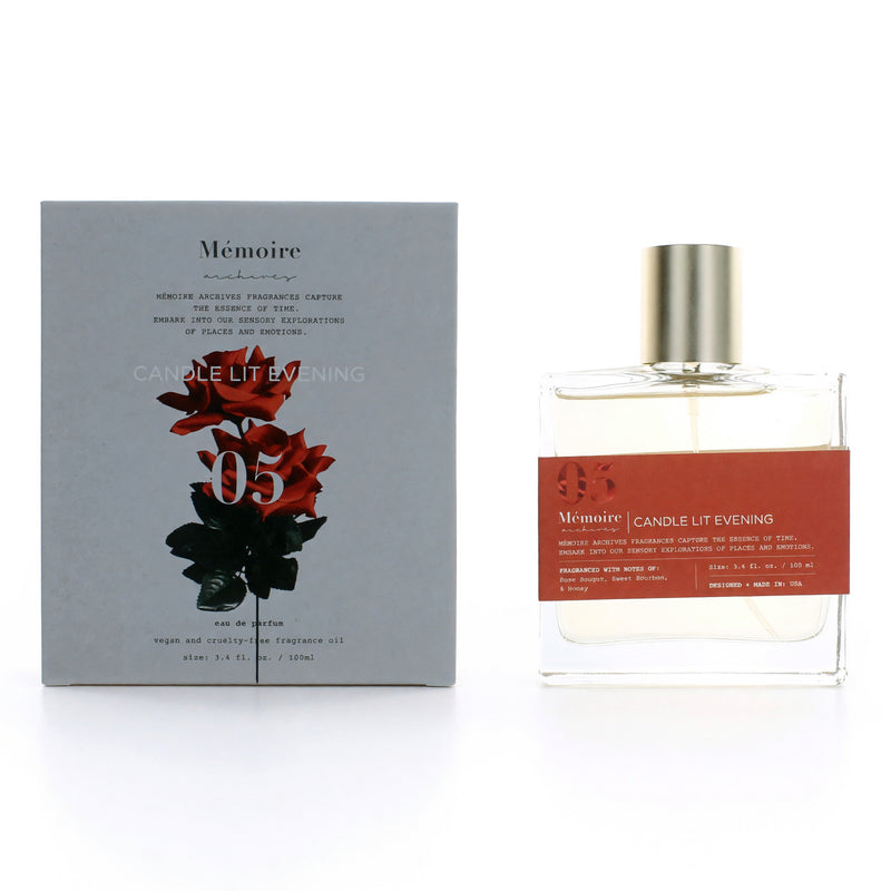 Memoire Archives Candle Lit Evening 3.4 oz unisex EDP spray bottle with elegant packaging.