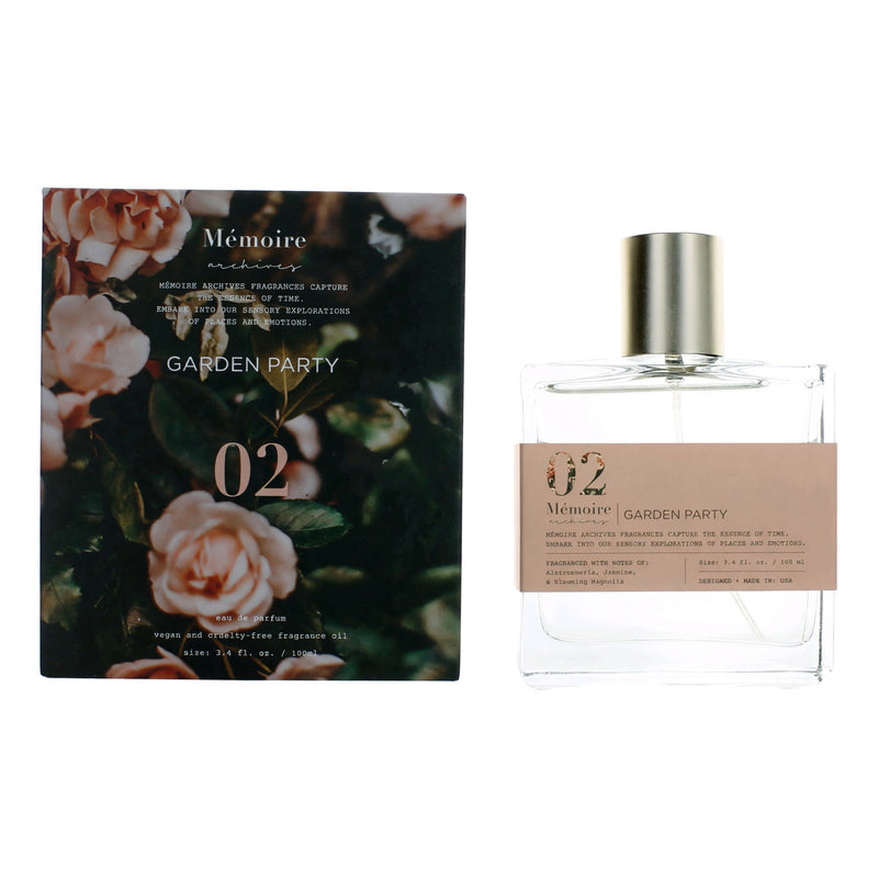 Memoire Archives Garden Party 3.4 oz unisex EDP spray bottle with elegant packaging and floral design.