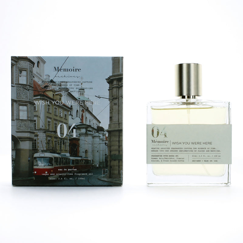 Memoire Archives Wish You Were Here 3.4 oz unisex EDP spray, elegant glass bottle with a minimalist design.