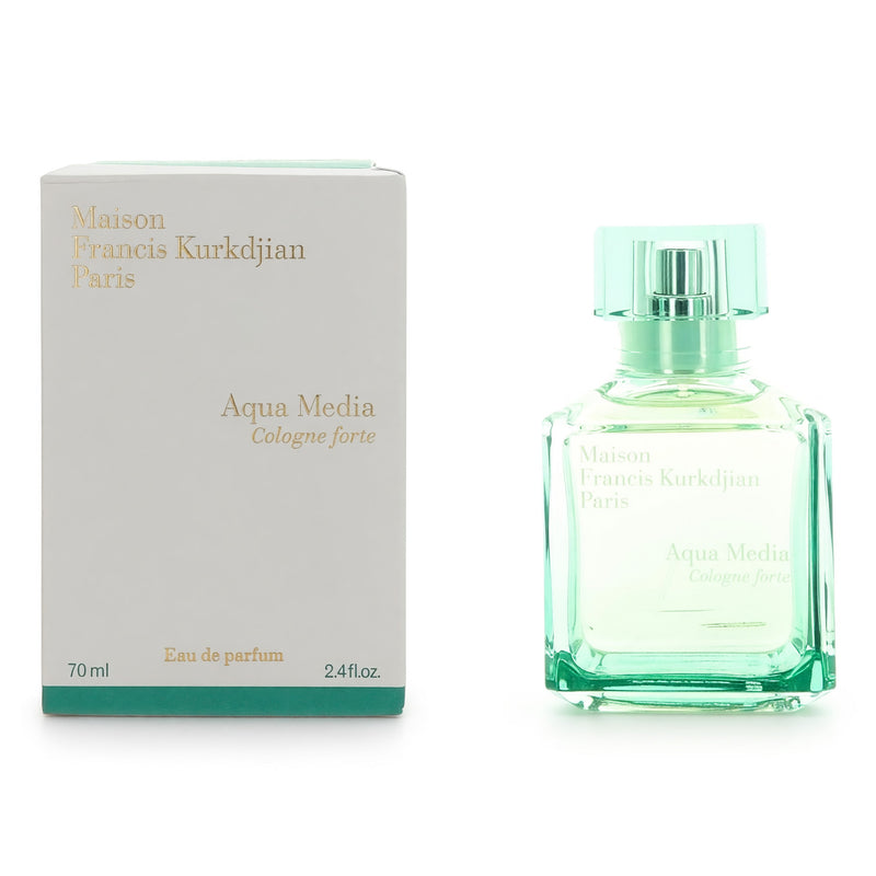 Aqua Media Cologne Forte by Maison Francis Kurkdjian 2.4oz EDP spray bottle for unisex, with sleek glass design and silver cap.