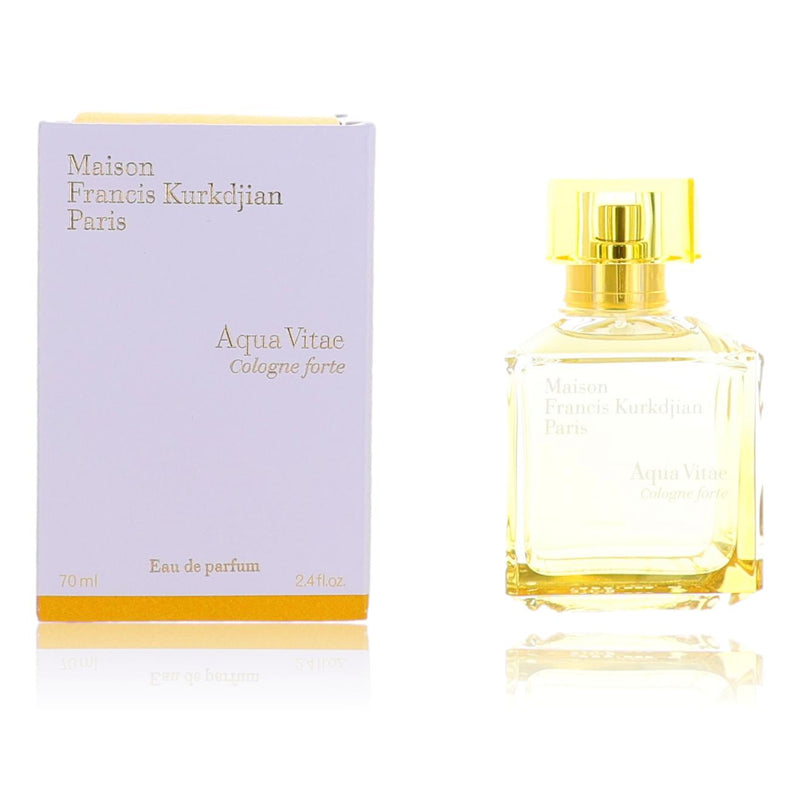 Maison Francis Kurkdjian Aqua Vitae Cologne Forte 2.4oz unisex EDP spray, featuring a sleek glass bottle with a silver cap.
