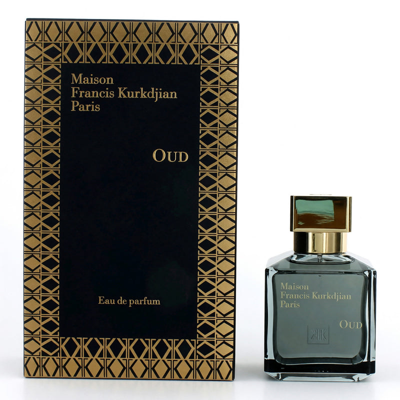 Maison Francis Kurkdjian Oud 2.4 oz unisex EDP spray bottle shown, elegant packaging of the luxury fragrance.