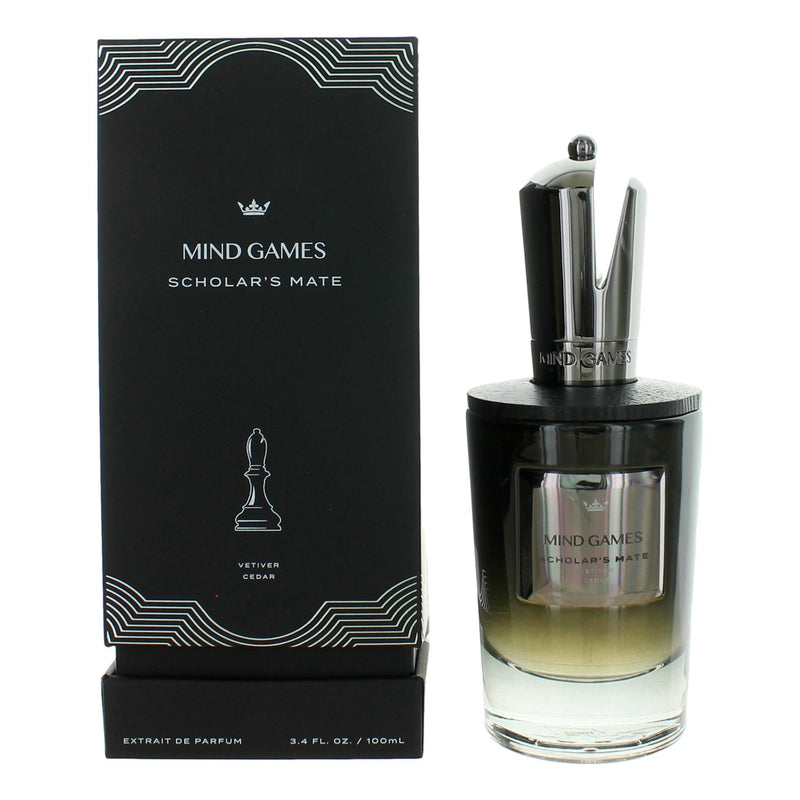 Mind Games Scholar's Mate unisex parfum bottle with elegant packaging, 3.4 oz extrait de parfum for both men and women.