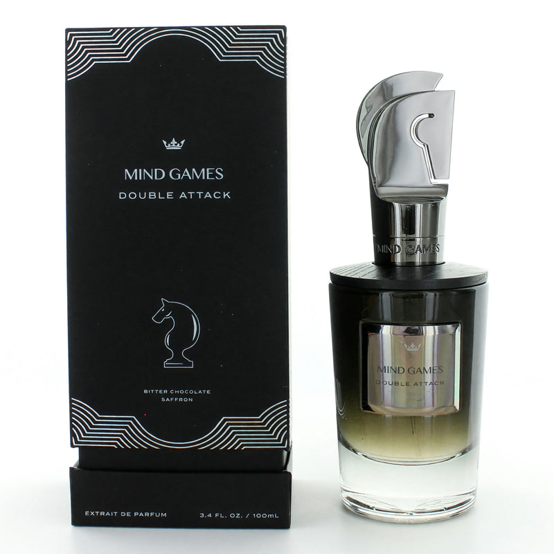 Mind Games Double Attack unisex 3.4 oz extrait de parfum bottle with sleek design and minimalist label.