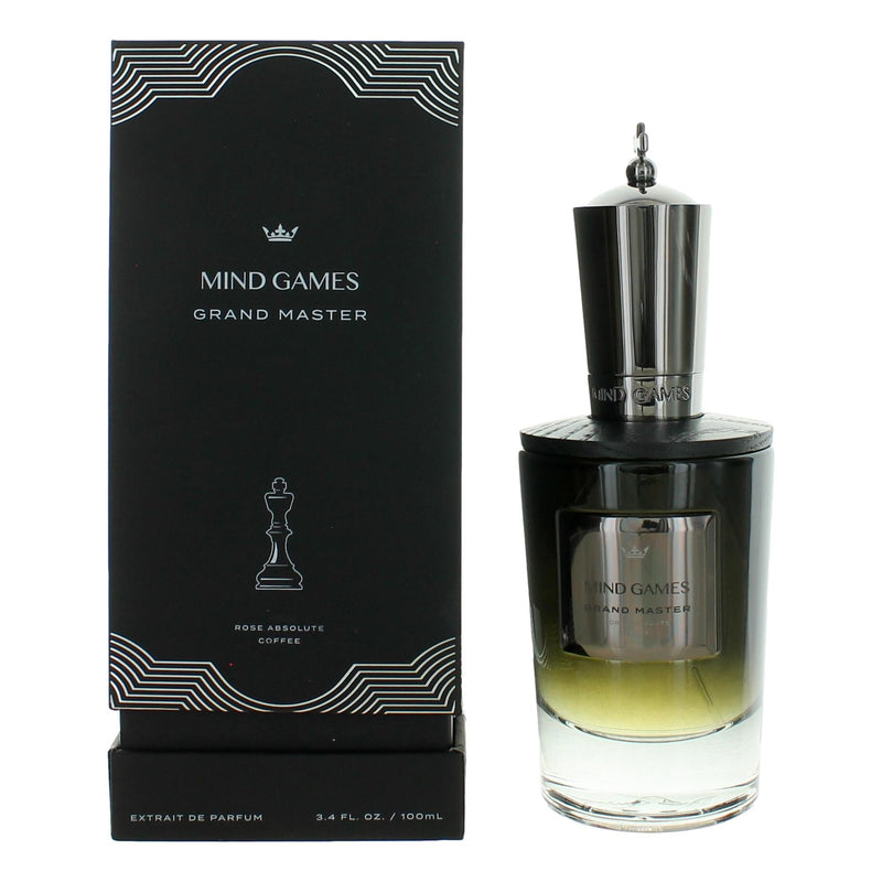 Bottle of Grand Master by Mind Games, a 3.4 oz unisex Extrait de Parfum in a sleek glass bottle with a minimalist design.
