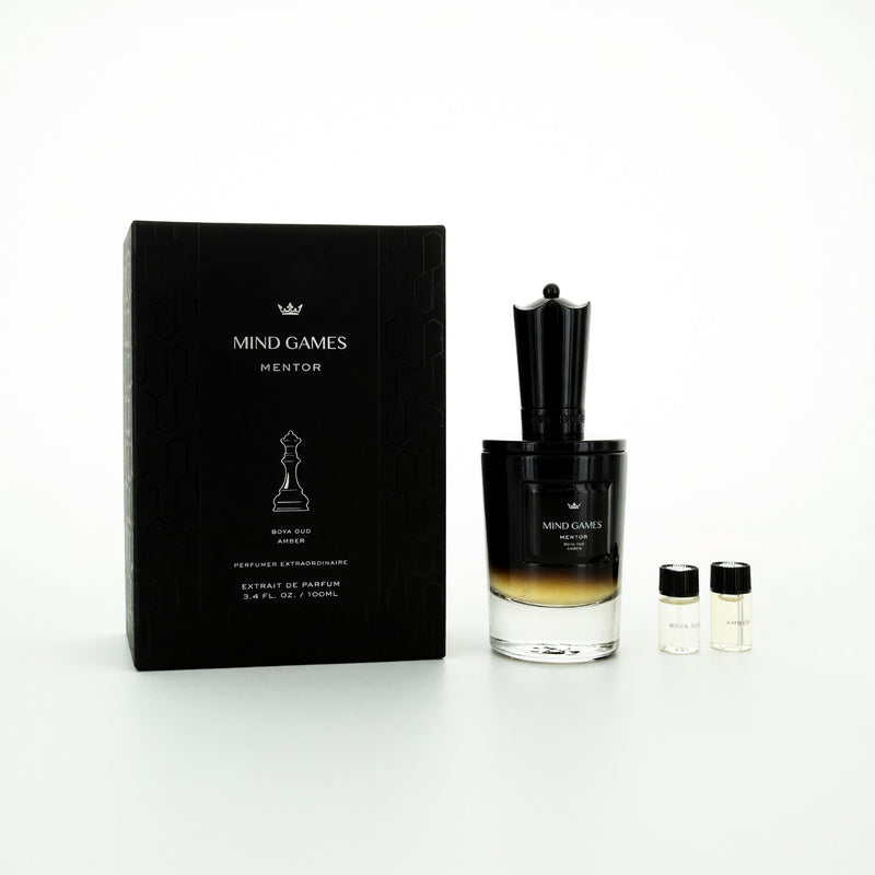 Mind Games Perfumer Extraordinaire Mentor 3.4oz unisex extrait de parfum spray with elegant packaging and design.