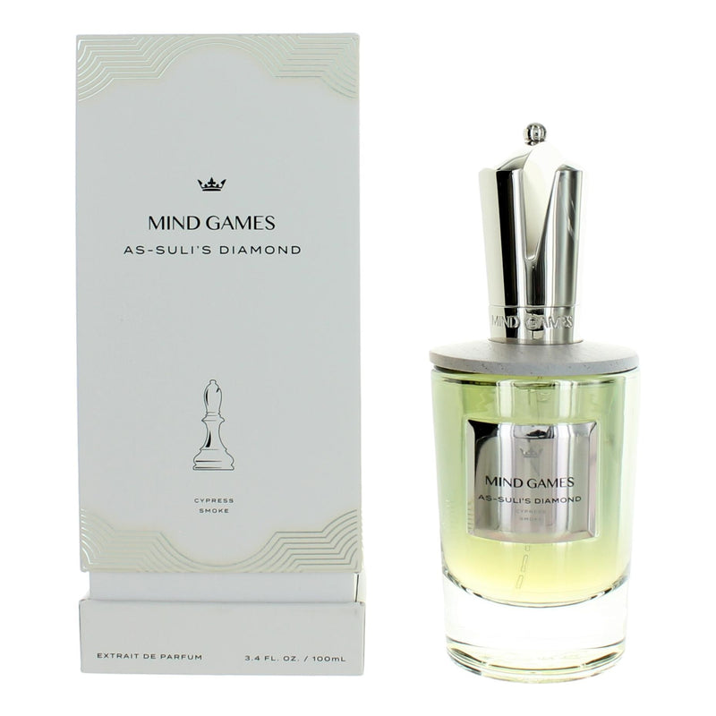 A 3.4 oz bottle of As-Suli's Diamond by Mind Games unisex extrait de parfum, with elegant packaging and a sophisticated design.