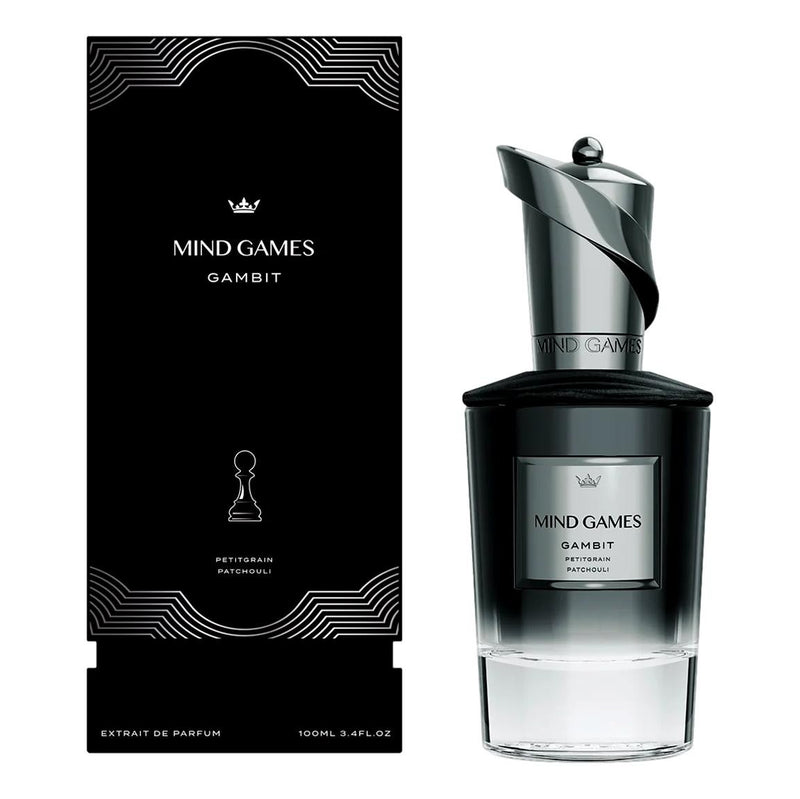 Unisex Gambit by Mind Games 3.4 oz Extrait de Parfum bottle on a neutral background, showcasing the elegant fragrance packaging.