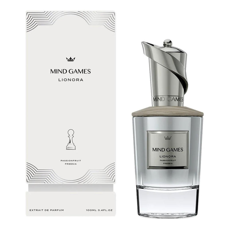 Lionora by Mind Games Unisex 3.4 oz Extrait de Parfum bottle, elegant packaging and sleek design for a luxurious fragrance.