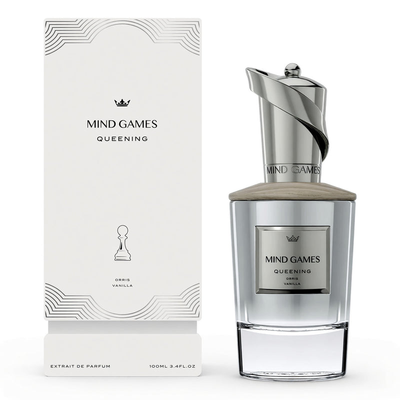 Mind Games Queening unisex 3.4 oz Extrait de Parfum bottle with elegant packaging and sleek design.