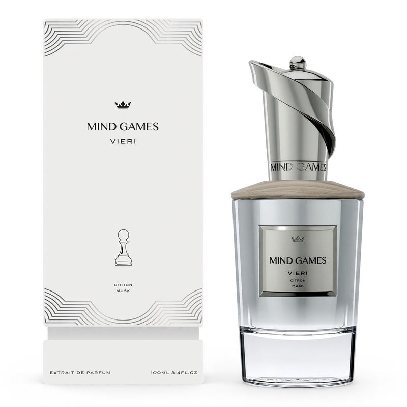 Vieri by Mind Games unisex 3.4 oz Extrait de Parfum bottle with elegant packaging and minimalist design.