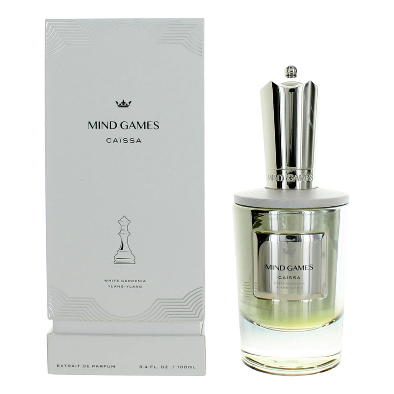 Caissa by Mind Games unisex parfum bottle, 3.4 oz extrait de parfum with sleek design and clear glass packaging.