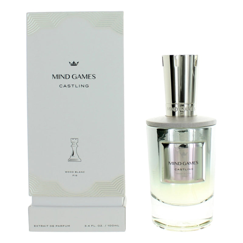 Mind Games Castling unisex parfum bottle, 3.4 oz extrait de parfum with sleek design and minimalist label, on a neutral background.