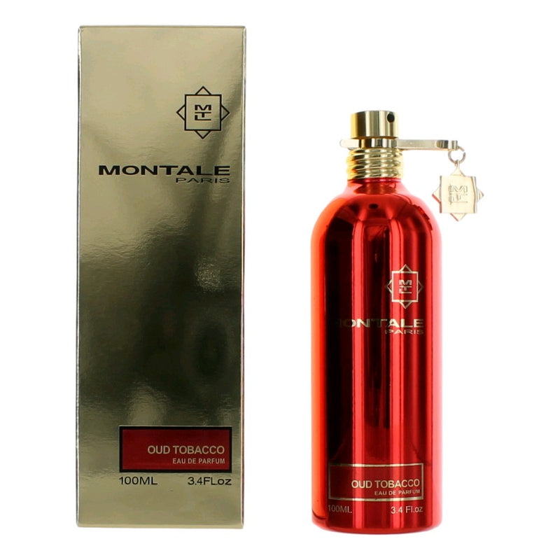 Montale Oud Tobacco 3.4 oz EDP spray for Unisex, featuring a sleek bottle with a dark, elegant design.