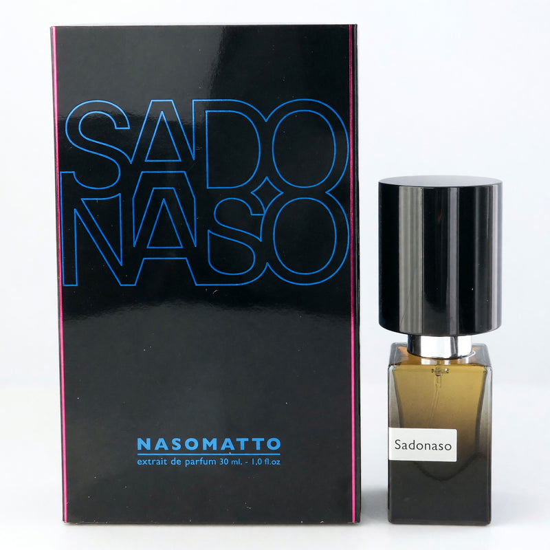 Nasomatto Sadonaso unisex perfume spray in 1oz glass bottle, featuring a sleek design and dark fragrance liquid.