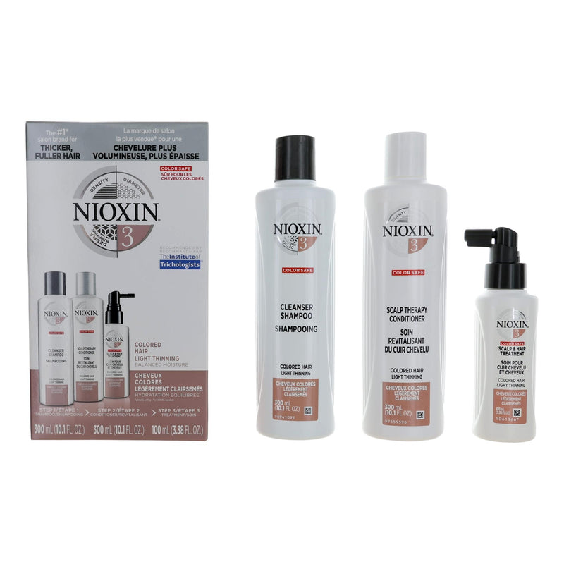 Nioxin 3D Care System Kit 3 for colored, light thinning hair, featuring physical products for balanced moisture and hair care.