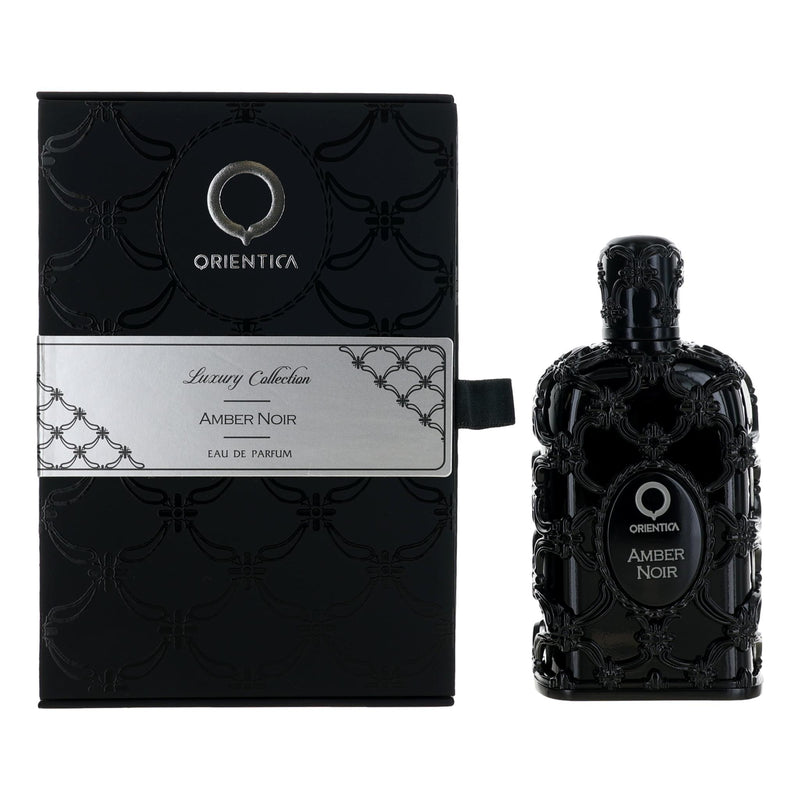 Amber Noir unisex EDP spray by Orientica in 2.7 oz bottle, featuring warm amber and floral fragrance details.