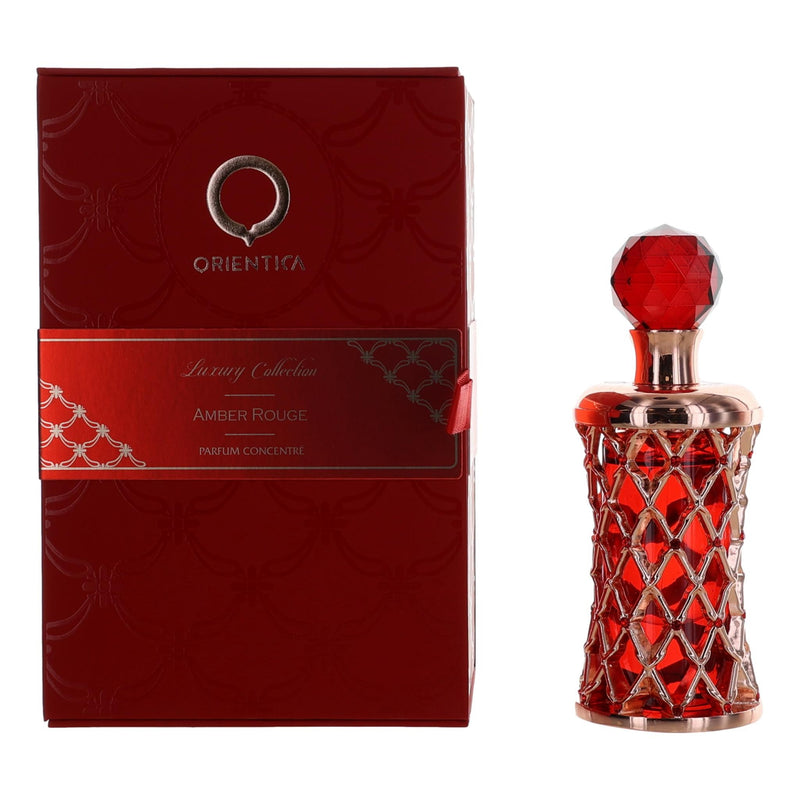 Amber Rouge by Orientica 0.6 oz Parfum Concentre for Unisex, featuring a sleek glass bottle with amber-colored fragrance inside.