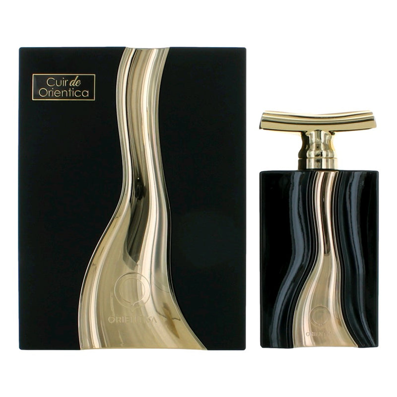 Orientica Cuir de Orientica 3 oz unisex EDP spray bottle with elegant packaging and dark-colored floral design.