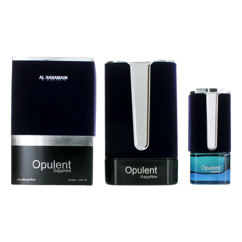 Al Haramain Opulent Sapphire 3.4 oz unisex EDP spray bottle with a sleek design and blue accents.