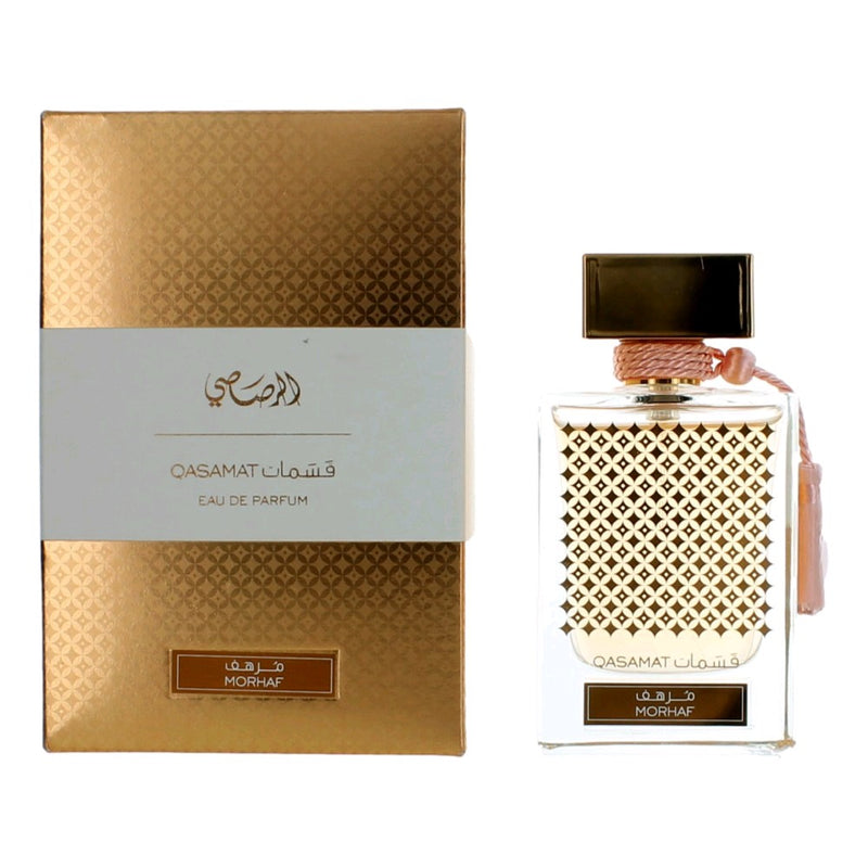 Rasasi Qasamat Morhaf 2.5 oz unisex EDP spray with elegant bottle and minimalist design on a neutral background.