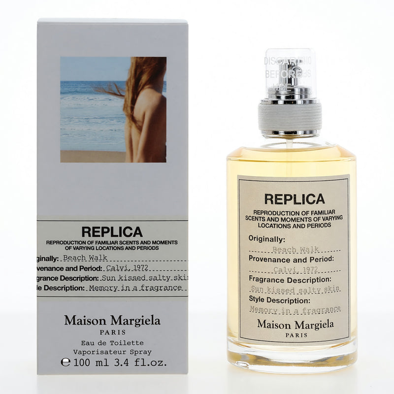 Maison Margiela Beach Walk 3.4 oz women's EDT spray bottle with abstract design and beach-inspired artwork.