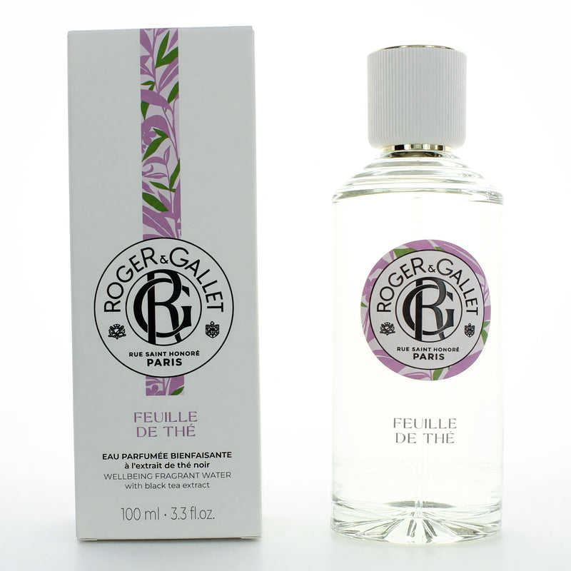 Roger & Gallet Feuille De The Eau Parfumée spray bottle, 3.3oz, unisex fragrance with green tea leaf design.