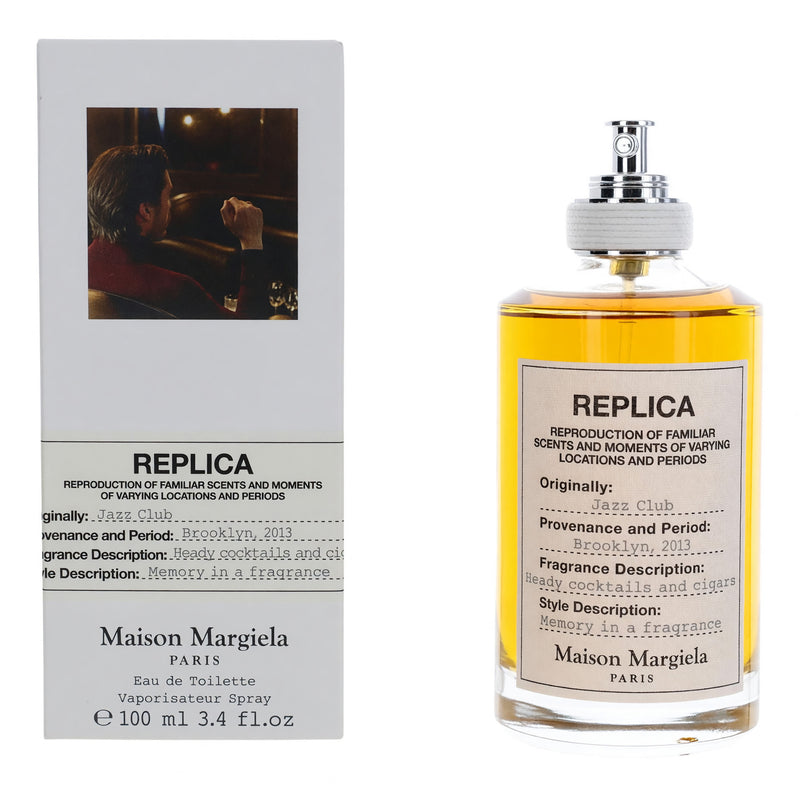 Maison Margiela Replica Jazz Club unisex 3.4 oz EDT spray bottle, featuring sleek design and branding for a stylish fragrance presentation.