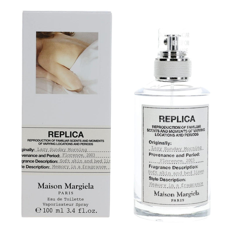 Maison Margiela Replica Lazy Sunday Morning 3.4oz unisex EDT spray bottle, sleek design, minimalist packaging in the image.